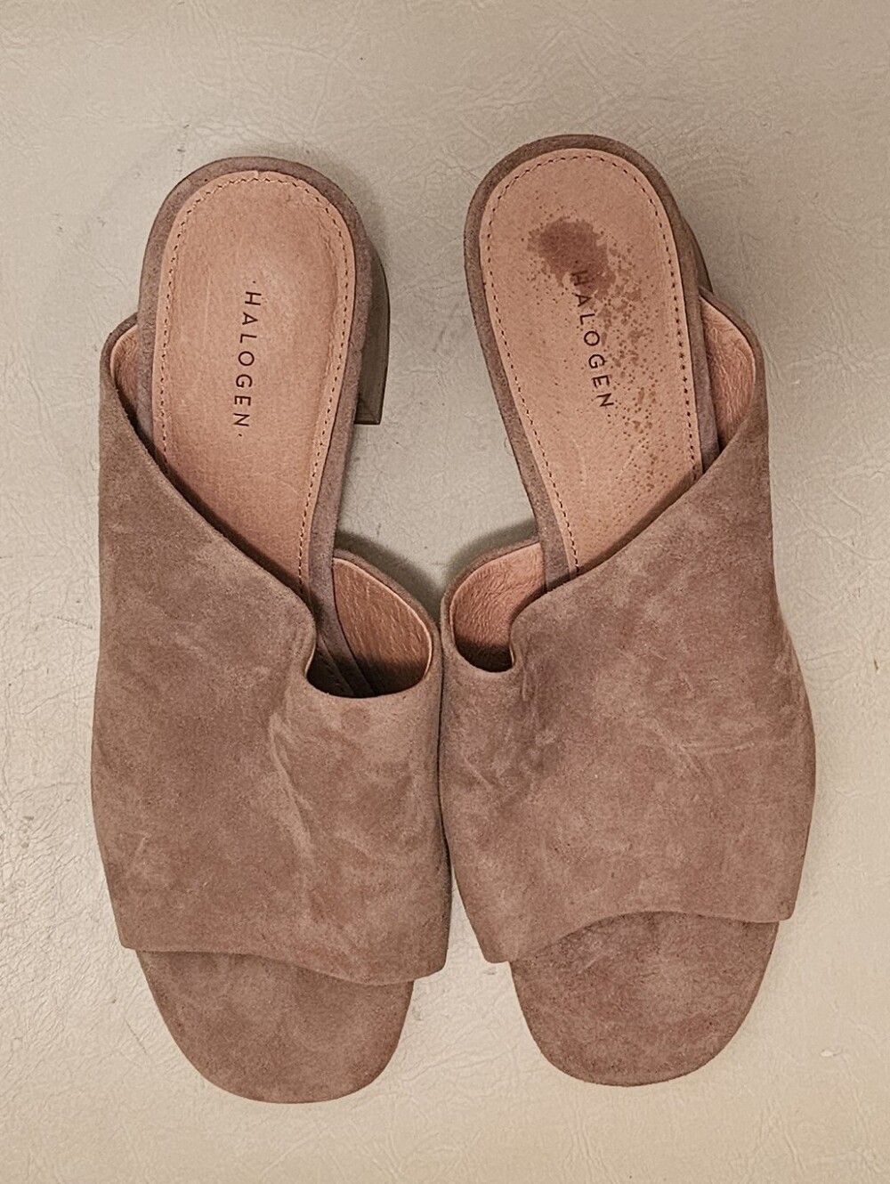 Halogen Faye Asymmetrical Suede Mules Taupe Open Toe Block Heel Slip-on Sz 8.5